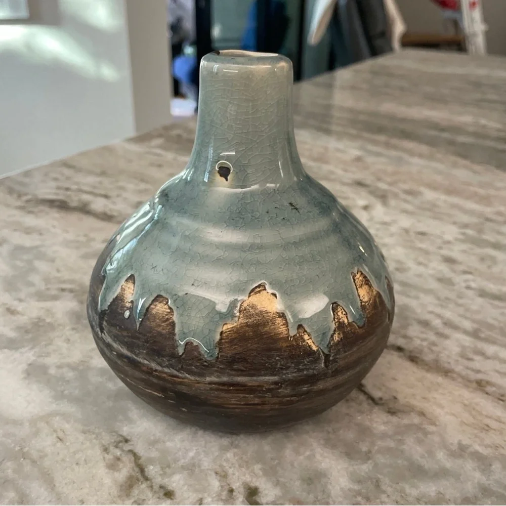 Handcrafted Teal and Brown Ceramic Vase